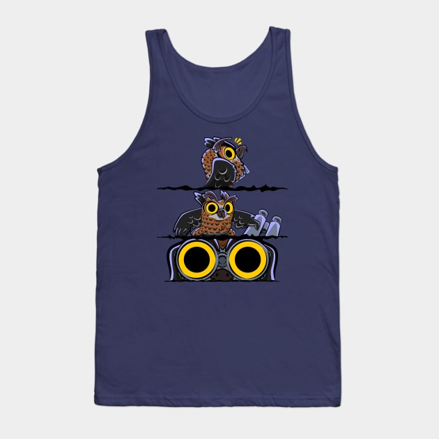 Hoo's There? | Funny Great Horned Owl Eyes Night With Binoculars Comic Tank Top by CrocoWulfo